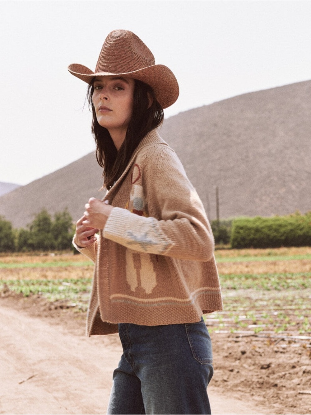 THE GREAT. Beige Knit Cardigan with Cream and Yellow Intarsia - Picture 2 of 13